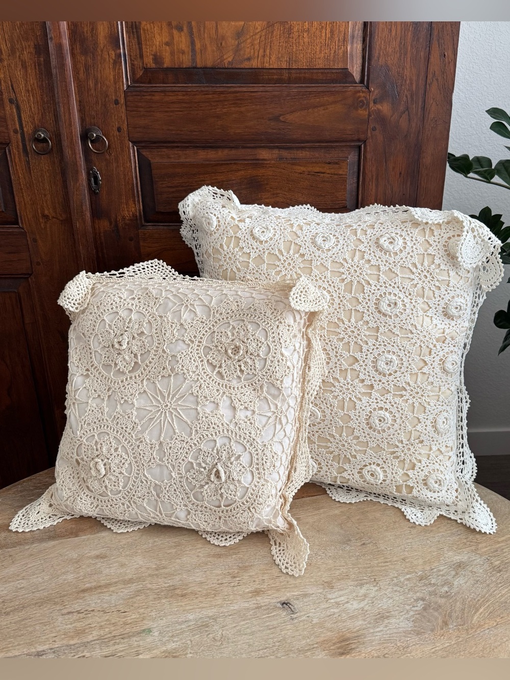 Vintage Handmade Crochet Lace Throw Accent Pillows Boho Cottagecore